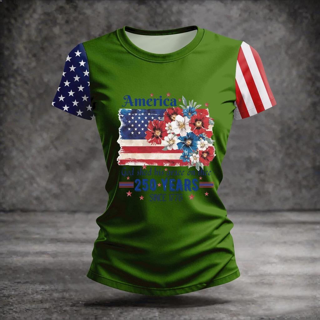 Blusa Feminina da Moda Casual de Manga Curta com Estampa e Gola Redonda