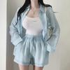 Korean Dongdaemun Fashion Casual Solid Color Slimming Long Sleeve Shirt & Shorts Set Women's Trend