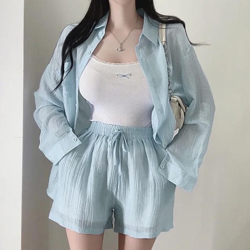 Korean Dongdaemun Fashion Casual Solid Color Slimming Long Sleeve Shirt & Shorts Set Women's Trend