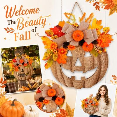 Wooden Pumpkin Hanging Sign with Artificial Flowers Autumn Door Decor Rustic Fall Wall Hanging for Seasonal Home Decoration
