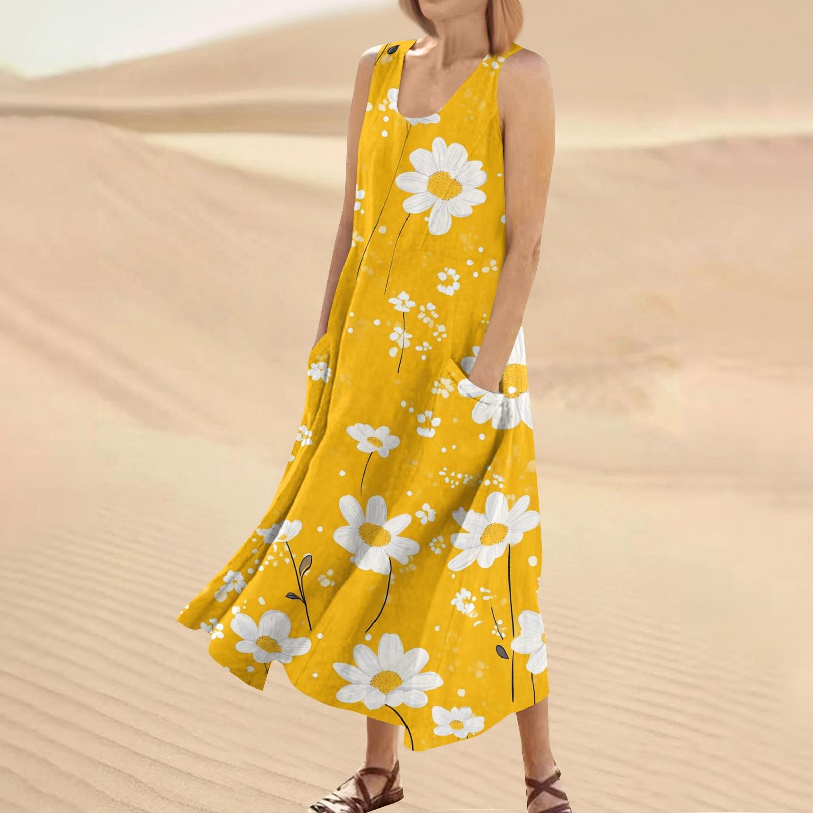 

Женское модное повседневное однотонное хлопковое льняное платье без рукавов с карманами S золотой