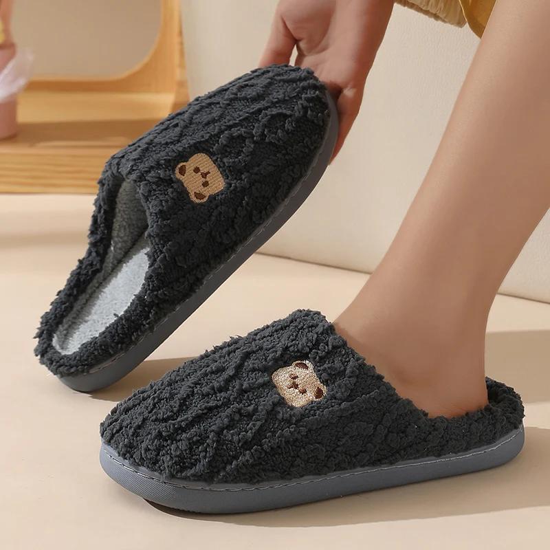 Fashion Cozy Cartoon Bear Home Slippers for Women 2025 Winter Plush Warm Flat Cotton Shoes Woman Non Slip Unisex Indoor Bedroom Slippers
