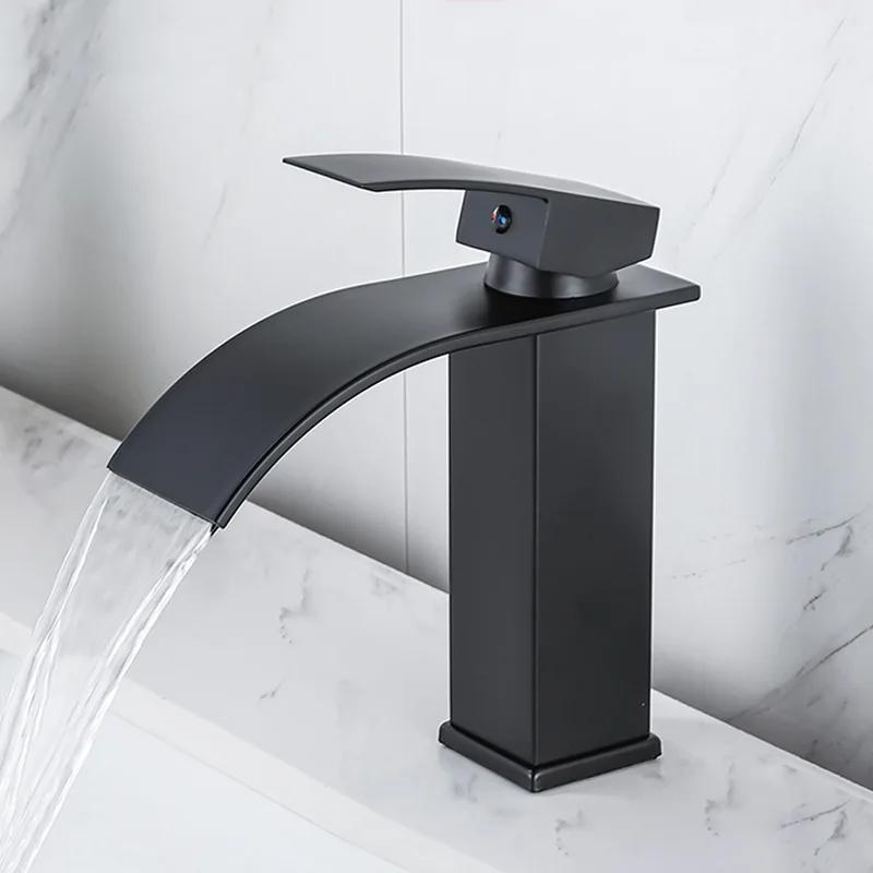 Black Waterfall Bathroom Basin Faucet Waterfall Spout Vanity Sink Mixer Tap Brush Gold Sink Faucet Tall short Style Chrome Gray