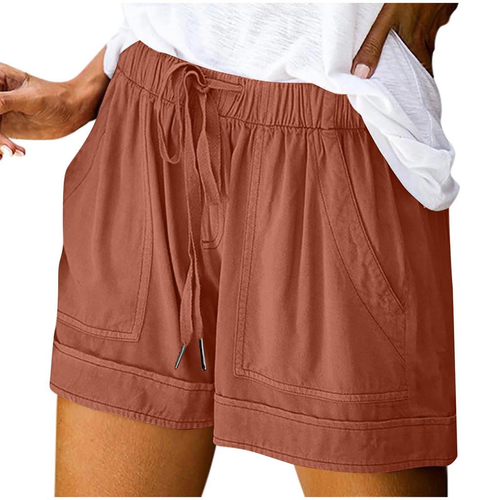 Women's Summer Large Size Loose Solid Color Drawstring Lace-Up Pocket Casual Shorts Women
