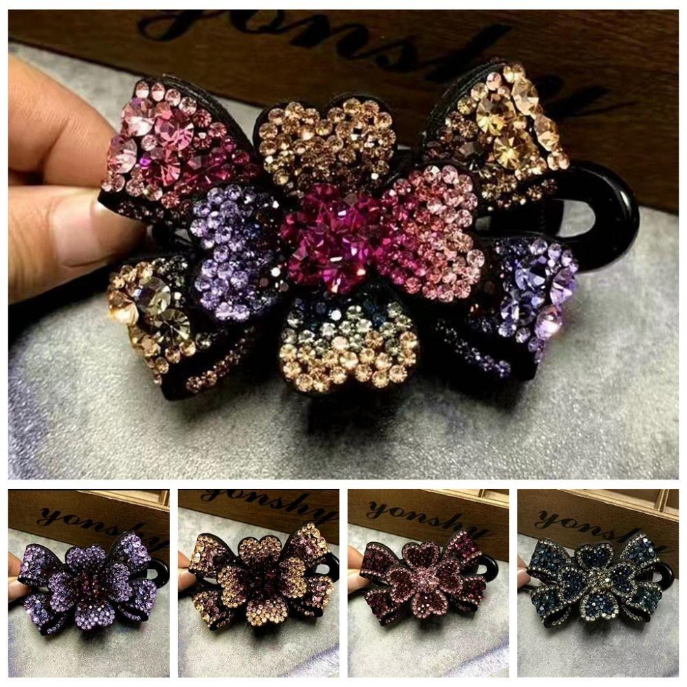 Bowknot Flower Crystal Hairpins Zircon Women Duckbill Clip Rhinestone Flower Hair Clip  Wash Face