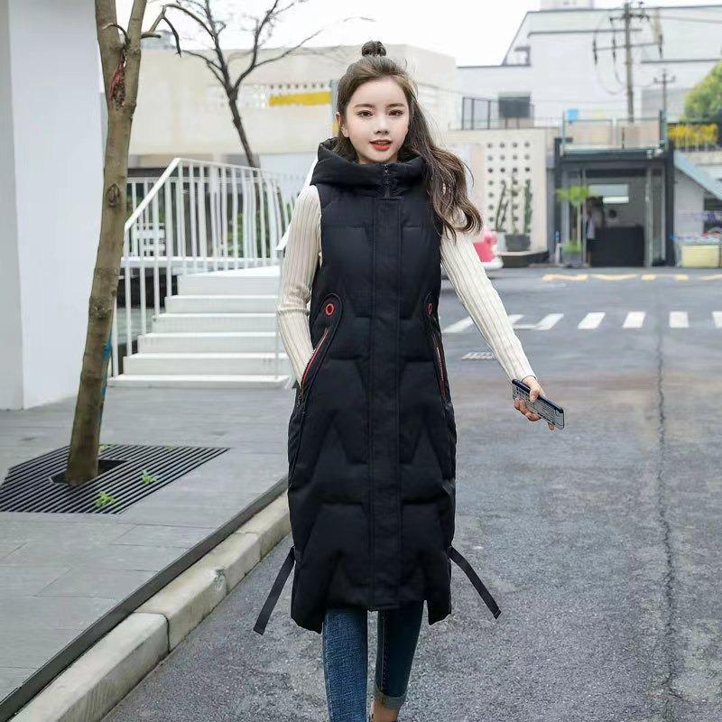 Down cotton clothes long vest women's autumn and winter new fashion hooded casual vest jacket