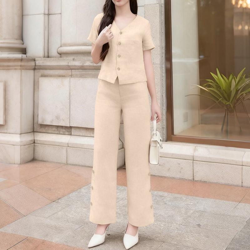 ZANZEA Women Short Sleeve Blouse and Pants Summer Two Piece Suit Sets