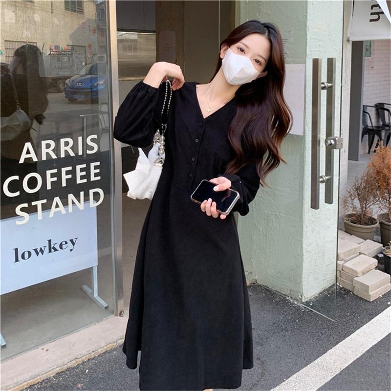 Women's V-Neck Long Sleeve Midi Dress Korean Style Solid Color A-Line Swing Dress Casual Elegant Button Down Dress For Spring Autumn