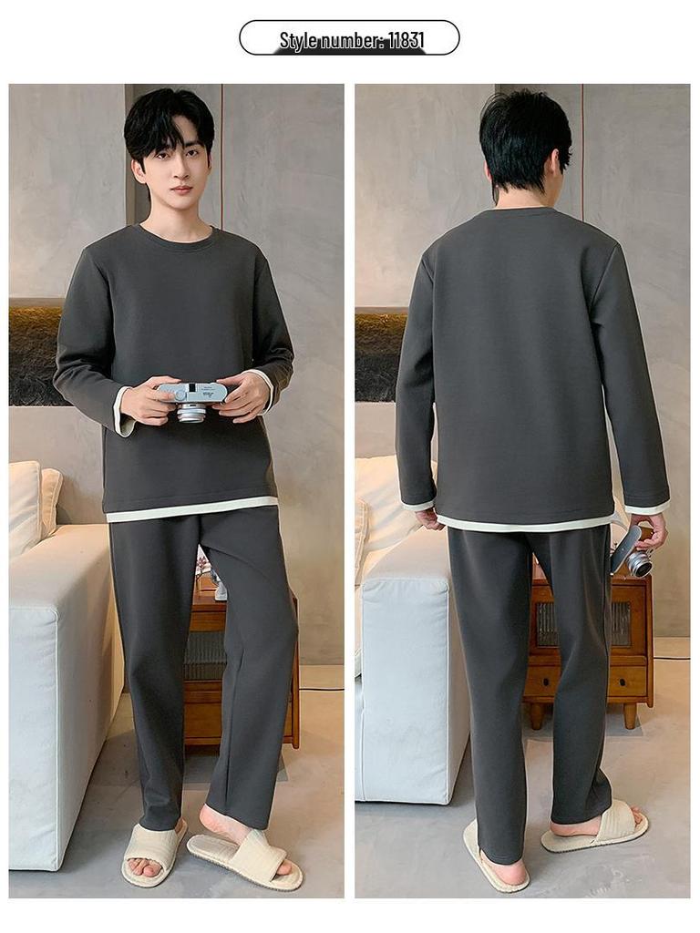 Męski bawełniany zestaw piżamowy z długim rękawem - Casualowy, luźny krój, plus size, styl koreański na jesień i wiosnę