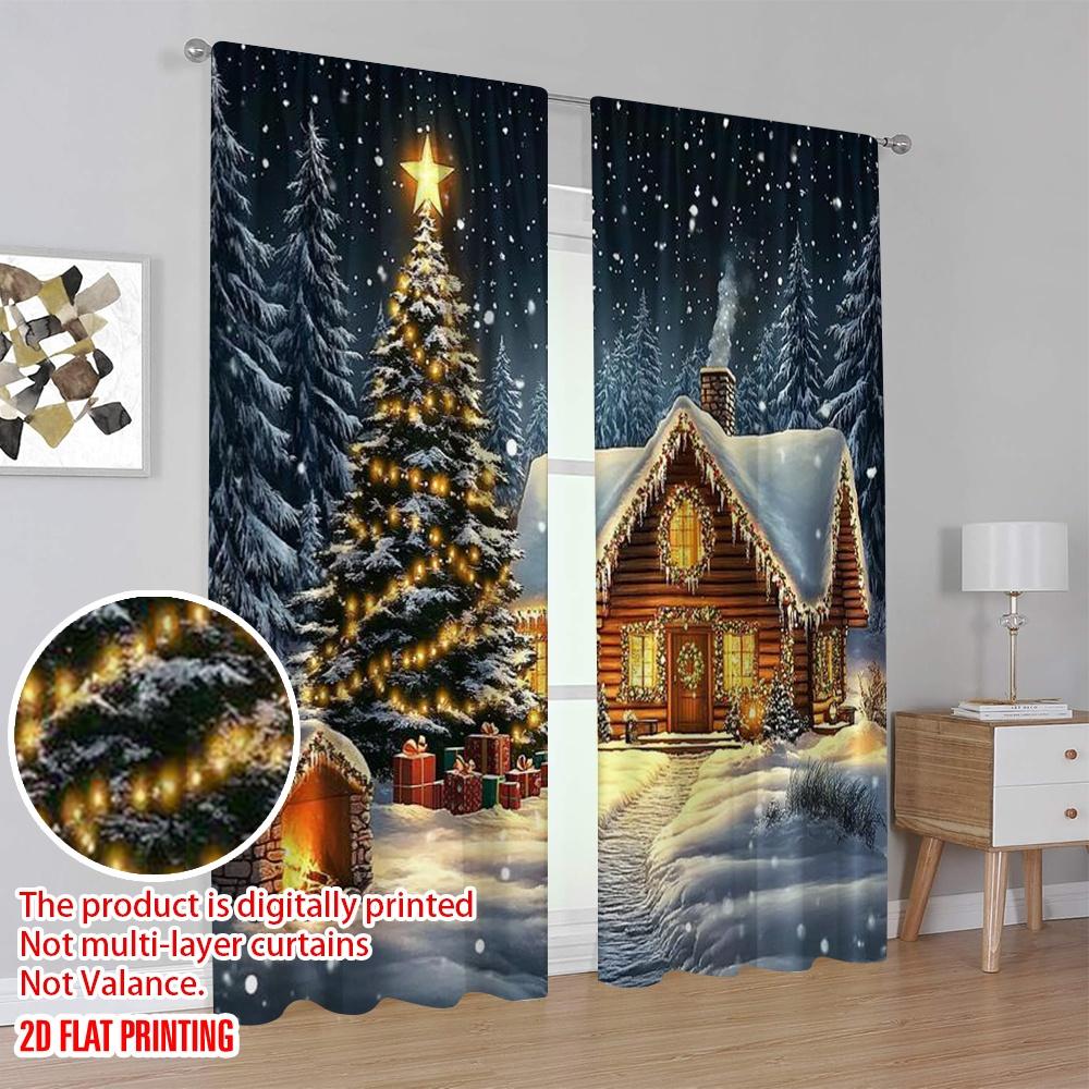 2pcs 2D Flat Printing Christmas Window Drapes Holiday Christmas House Versatile Durable Polyester Without Electricity Spring