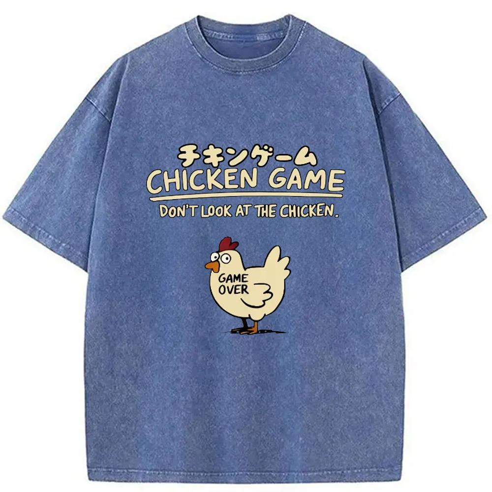 T-shirt da uomo in cotone lavato Gioco del pollo Stampa divertente Manica corta Spalla cadente T-shirt per le vacanze Casual Harajuku