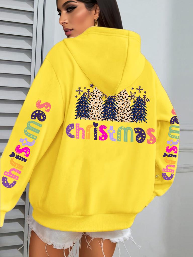 Merry Christmas Leopard Trees Printing Hoodie Women Hip Hop All-Match Streetwear Casual Loose Hoodies Fleece Autumn Woman Hoody