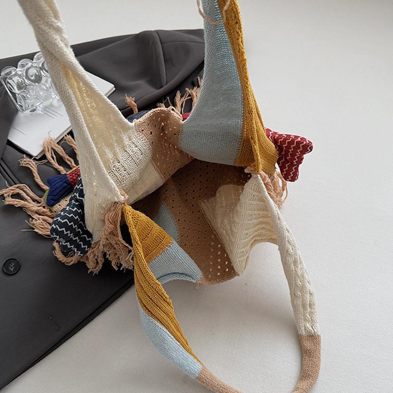 Yogodlns Fashion Creative Woven Shoulder Bag Handmade Fish Handbag Large Capacity Beach Bag Color Matching Ladies Underarm Bag