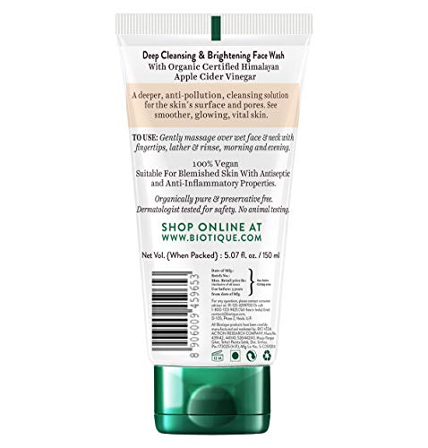 Biotique Apple Cider Vinegar Face Wash 150ml | Deep Cleansing & Exfoliation | 100% Botanical Extracts for Fresh Skin