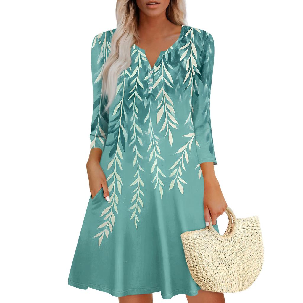 Women's Summer Dress Loose V Neck Three-quarter Sleeve Sundress With Pockets Dress