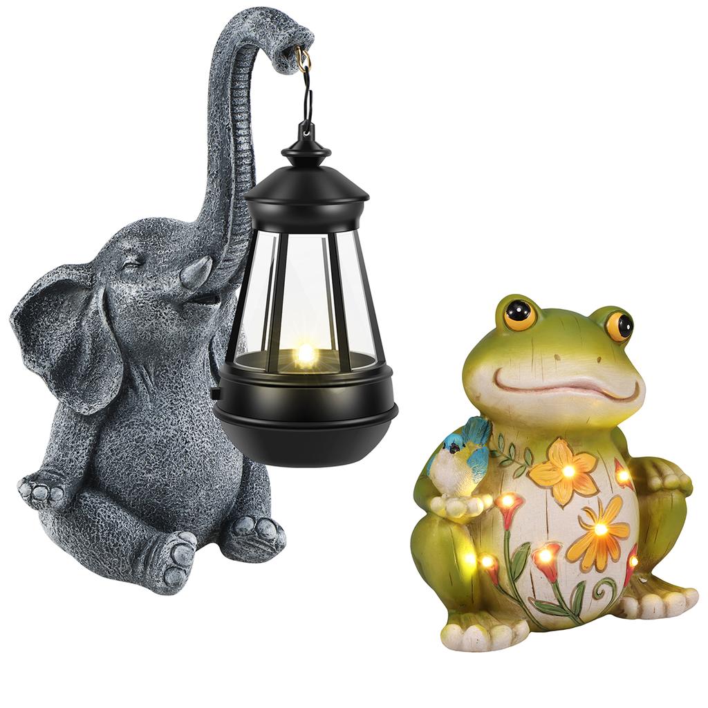 Solar Statue Elephant Figurine Frog Decorative Lanterns Resin 10 Inch for Outdoor Spaces Lawn Garden/Yard Decortion