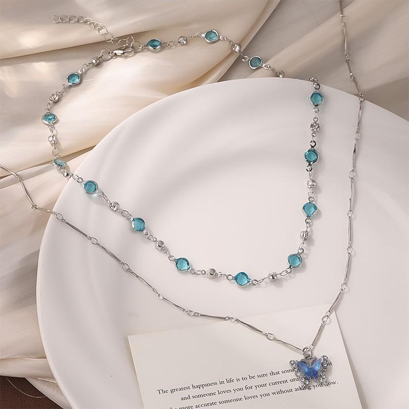 Summer Blue Butterfly Necklace for Women, High-End Design Layered Chain, Fashionable Summer Jewelry