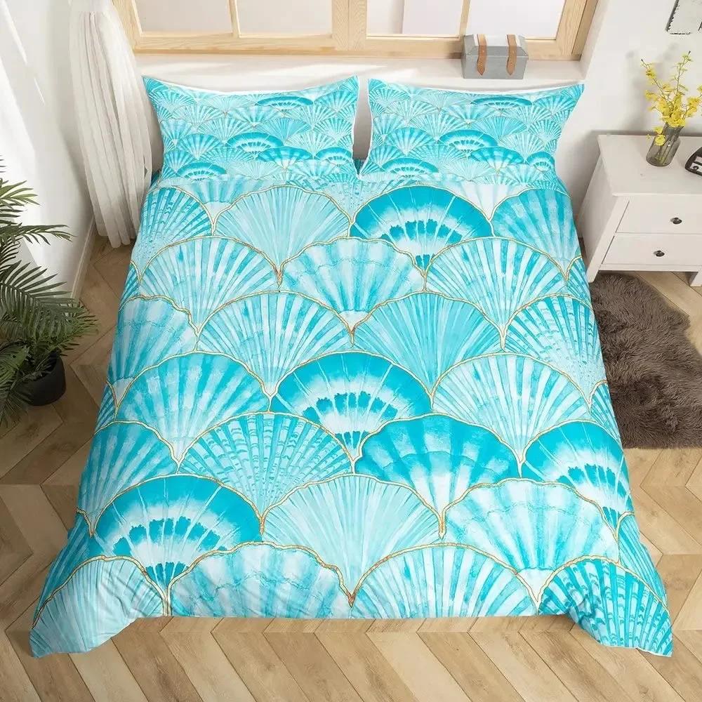 Mermaid Tail Fish Scales Girly Shell Starfish Comfortable Duvet Quilt Cover Pillowcase Bedding Set Children Bedroom Home Textile