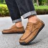 Men's Hand Stitched Casual Leather Shoes Vintage Lace Up Wide Toe Soft Sole Breathable Loafers British Style Driving Shoes