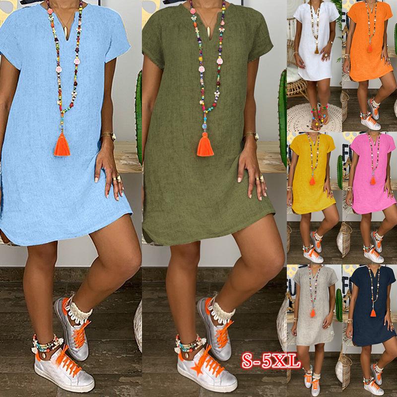 Abito estivo casual a maniche corte in cotone e lino da donna 2024 - Disponibile in stili europei e americani