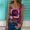 Fashion Woman Sleeveless Round Neck Rose Print Blouse Summer Casual T-shirt Loose Vest Shirts Elegant And Youth Top 25440