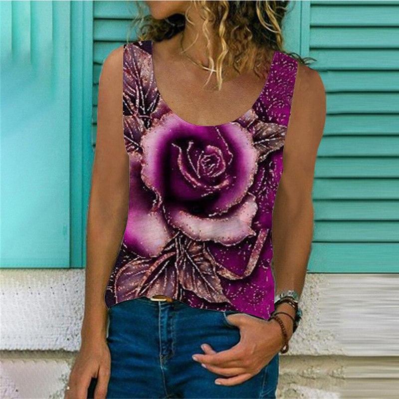 Fashion Woman Sleeveless Round Neck Rose Print Blouse Summer Casual T-shirt Loose Vest Shirts Elegant And Youth Top 25440