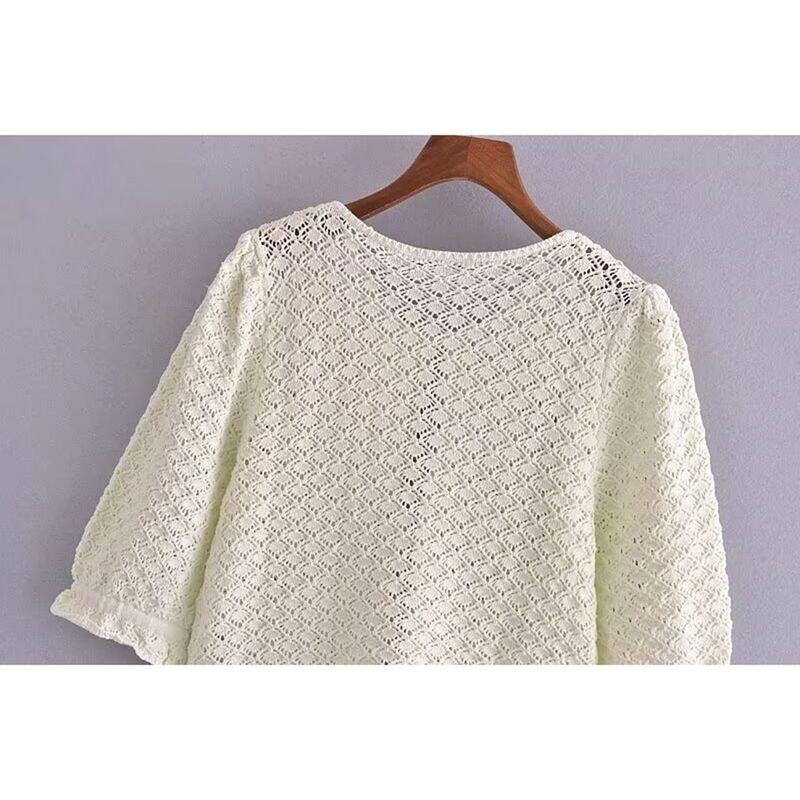 Kaslead New Arrival Women's Clothing Fashion Style Stylish Simple and Versatile Bows Shoelace Knitting Short Sleeve Jacket