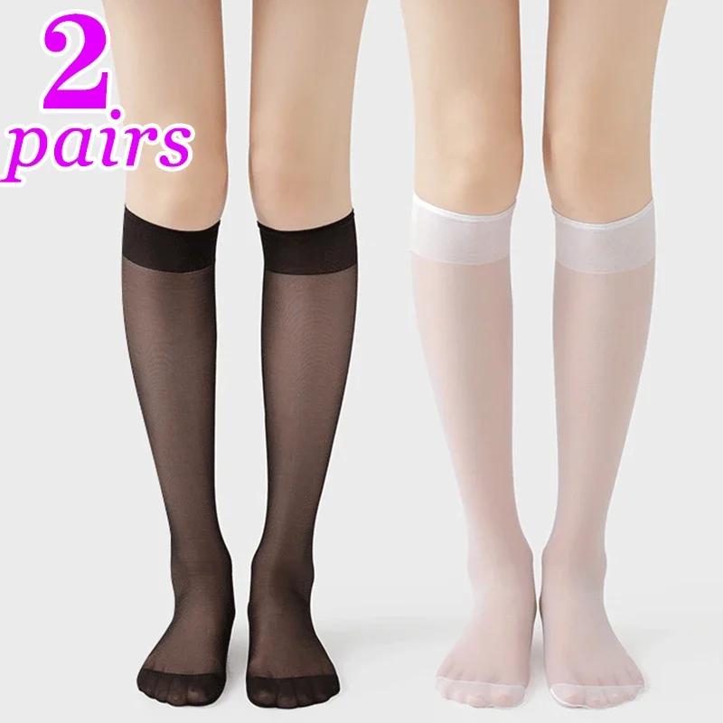 2pairs Lolita Summer Socks Silk Knee Socks Tube Jk Girls Long Sock White Black Half Sock Lolita Nylon Knee Transparent Stockings