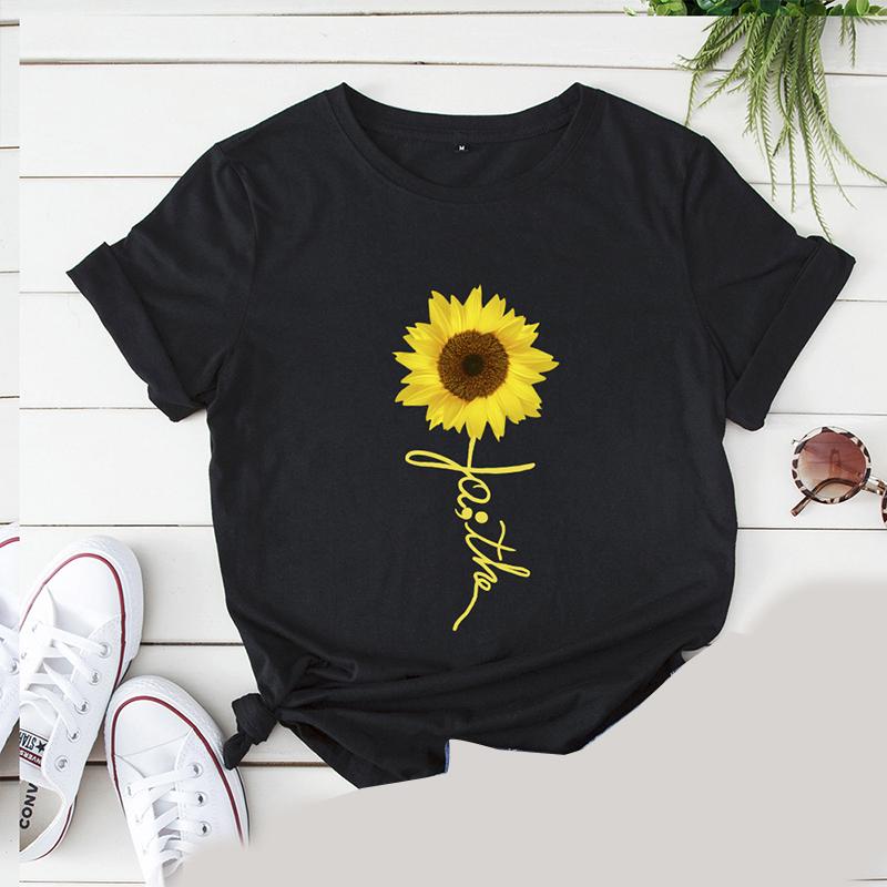 ATACT Sunflower Short Sleeve T Shirt Waymaker Tee Women Causal V Neck Loose Tops Blouse