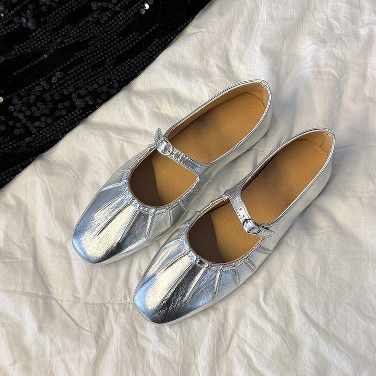 2025 summer new shallow mouth versatile single shoes women's shoes one-word buckle belt thick heel shallow mouth low heel women's single shoes