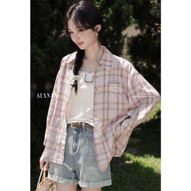 Women s Pink Plaid Long-Sleeved Shirt S