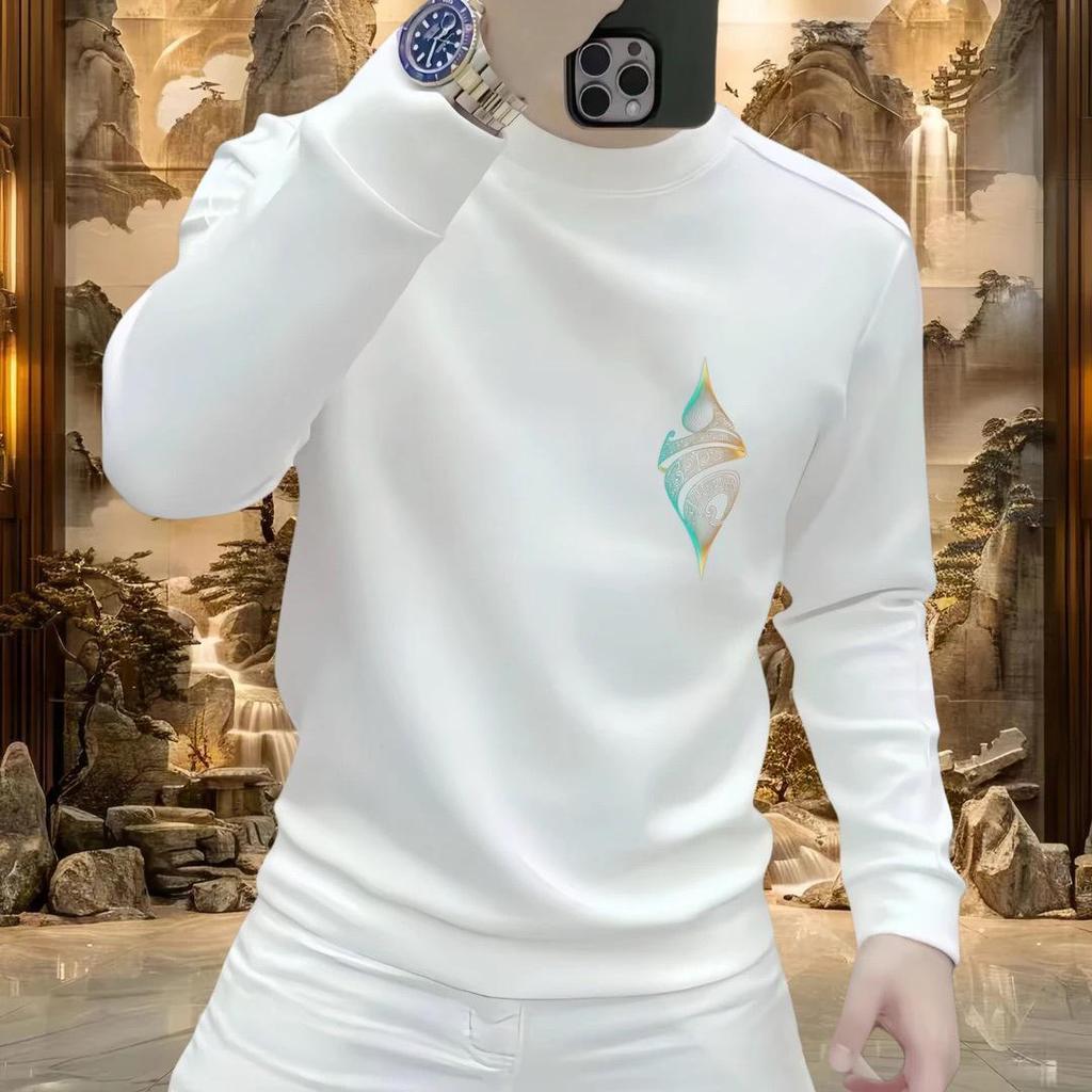 New Men's Printed Velvet Hoodie - Casual Versatile Long Sleeve Round Neck Top for Autumn/Winter Fashion