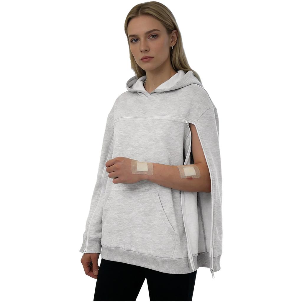 Women Fleece-Lined Adaptive Hoodie Full Arm Chest Access Long Sleeve Pullover Sweatshirt with Pocket for Dialysis Recovery