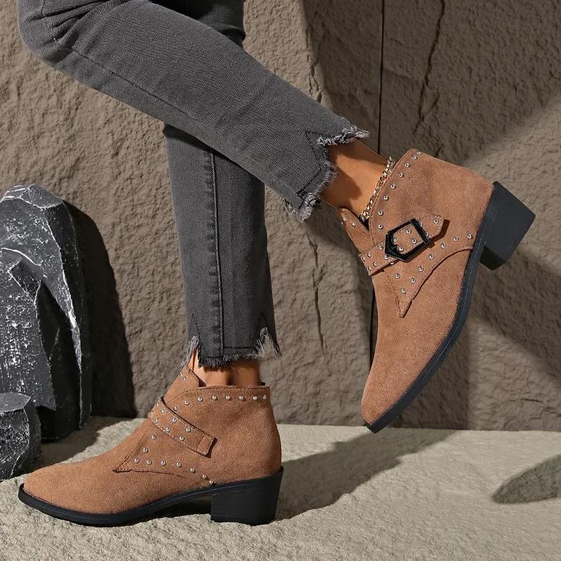 Shoes for Women 2024 Brand Buckle Strap Women's Boots Rivet Office and Career Sexy Pointed Toe Plus Size Ankle Boots