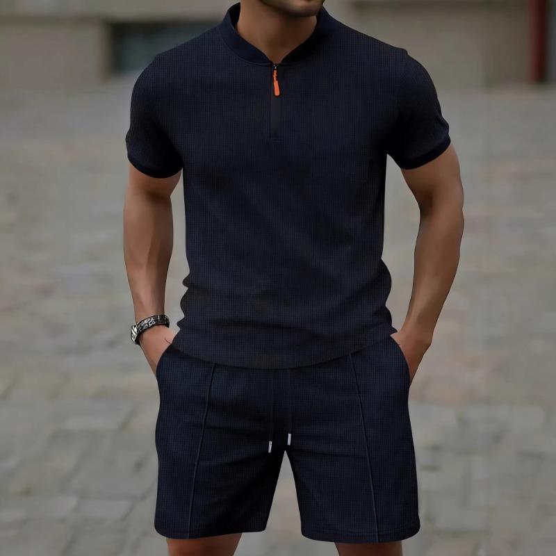 Men Casual Sports Waffle Short Sleeve And Shorts Two Piece Set