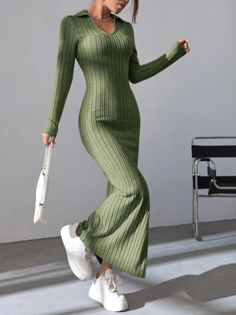 Women Sexy Knit V-neck Reverse Neck Split Dress Autumn Winter Full Sleeve Elastic Basic Body Sweater