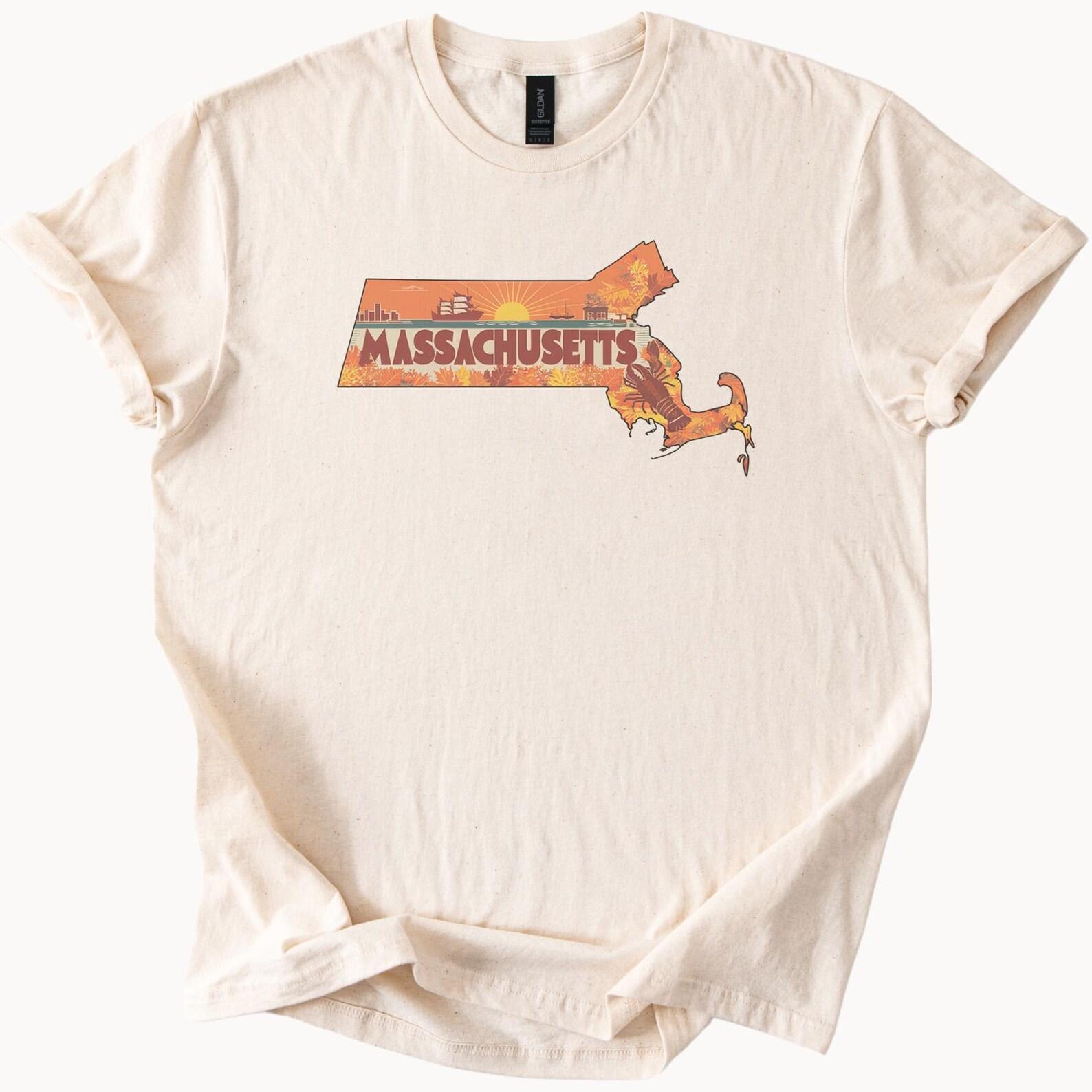 Massachusetts State Outline Graphic Tee Autumn Leaves Sunrise Lobster Fall Colors Nature Art Shirt Massachusetts Gift 120