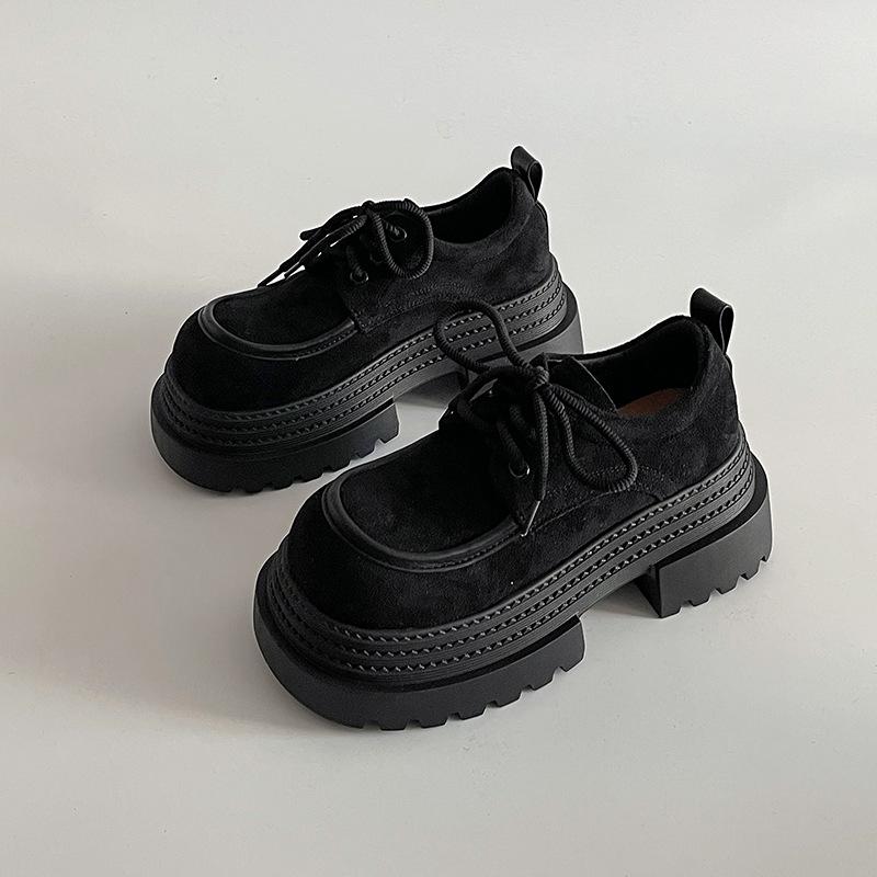 

Универсальные маленькие кожаные туфли дымчато-серого цвета, женские, весенние, новые, замшевые, с темпераментом, на толстой подошве, с круглым носком, на шнуровке 35 чёрный