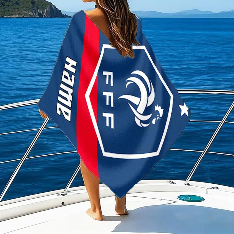 1PC Custom Name Beach Towel France Football Crest Beach Towel, Suitable for Camping, Travel, Beach Accessories, Super Absorbent, Family Gift