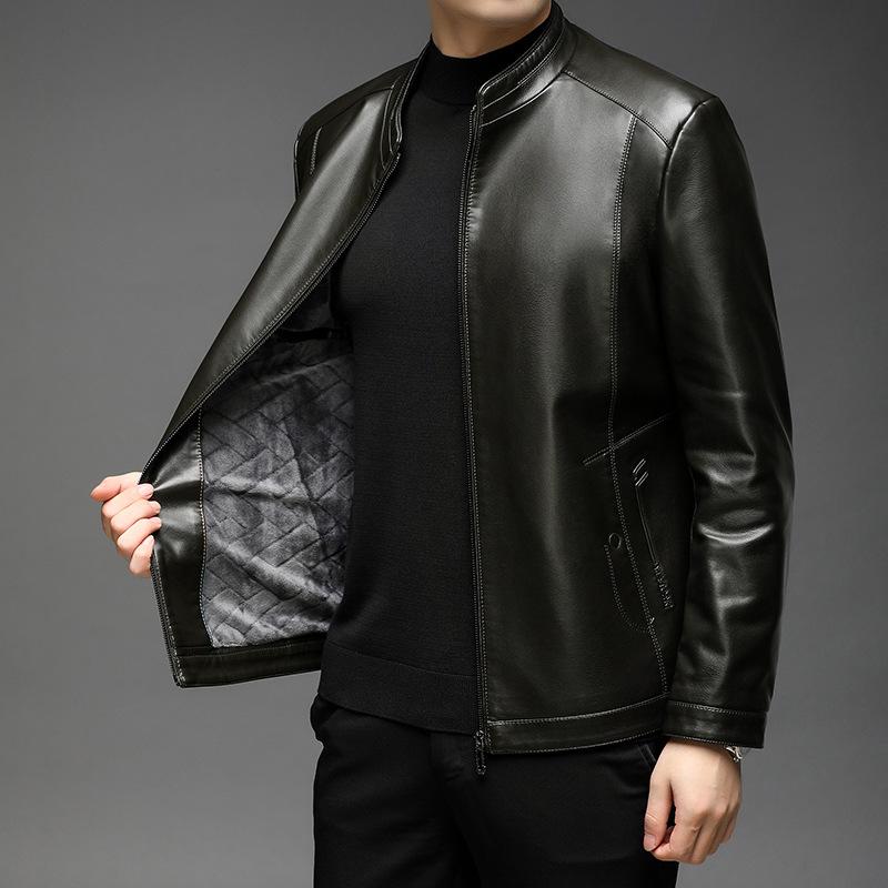 Kurtka skórzana męska jesień i zima Nowa odzież męska Kołnierz stójka Miękka skórzana kurtka Męska luźna swobodna skórzana kurtka w średnim wieku