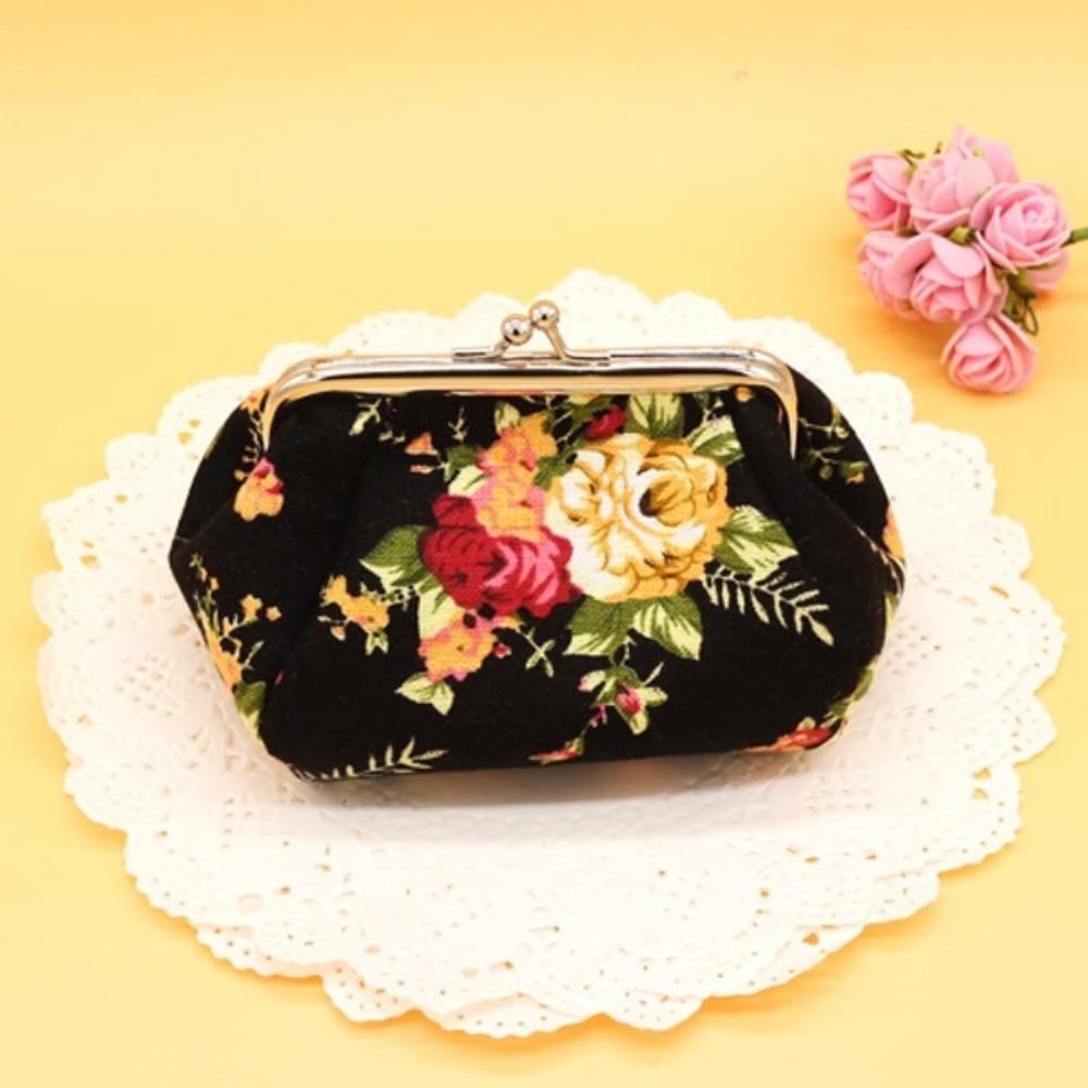 

Fashion Mini Coin Purse Rose Floral Print Metal Hasp Credit Card Holder Canvas Clutch Wallet for Women чёрный