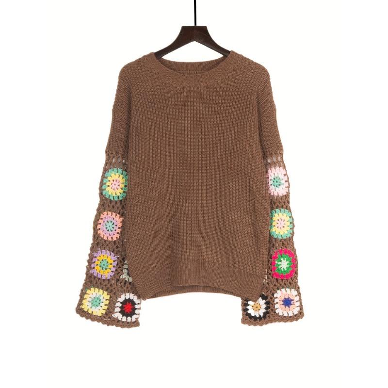 Autumn and Winter Women's Knitting Flared Sleeves Handmade Hollow Mixed Colour Crochet Sweater Round Neck Pullover Tops
