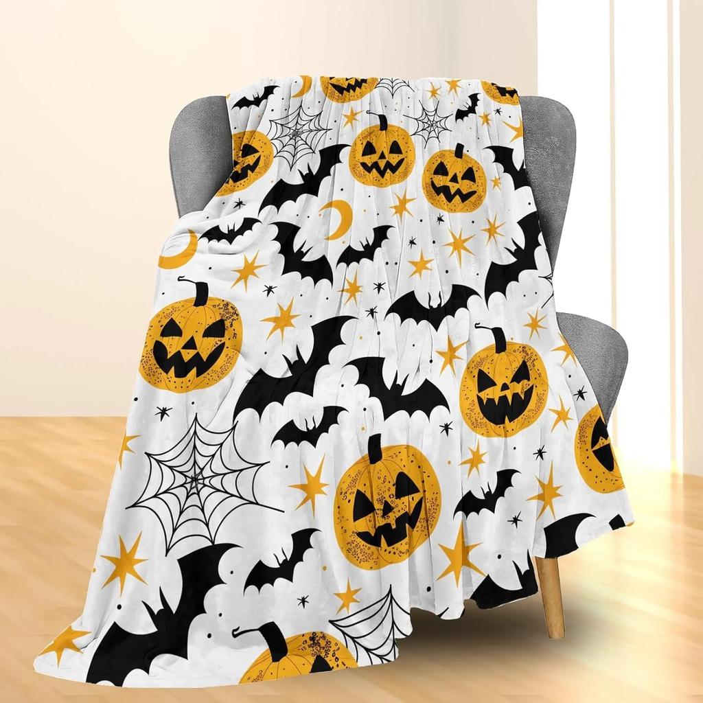 1PC Halloween Throw Blanket Pumpkin Skull Bats Witch Black Cats Thin Blanket Gifts for Couch Bed Car Home Camping All Season Use
