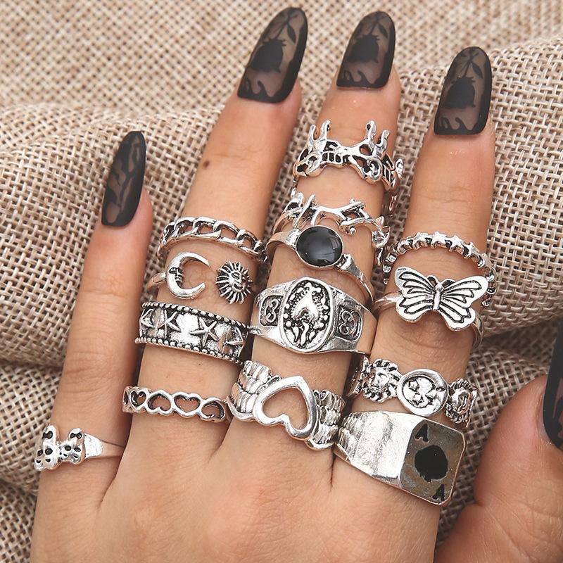 

Retro Star Ring Dripping Oil Playing Card Butterfly 14-piece Joint Ring Set 11