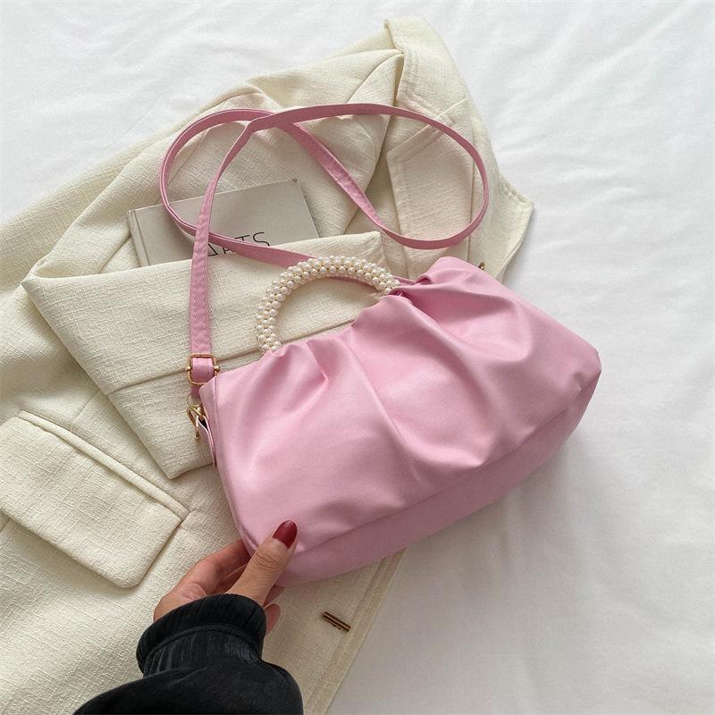 

Складная модная сумка-клатч в иностранном стиле с жемчугом 2025 весна новая универсальная ins текстура на плечо мессенджер маленькая квадратная сумка розовый