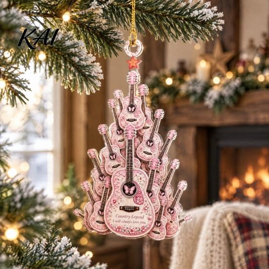 Music Lover Holiday Gifts Acrylic Guitar Christmas Ornament, Patchwork Jacket Butterfly Flat Hanging Pendant Durable Party Supplies with Gold