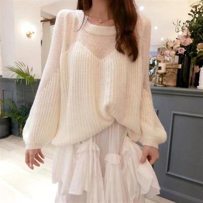 Autumn and Winter New Gentle Temperament Lazy Style Ladies Sweater, Loose Thin Hollow Lantern Sleeve Sweater Top 6896#