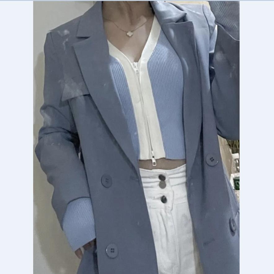 God kvalitet koreansk løs fasjonabel dresskåpe for kvinner med dobbelsneppet hakkede blazere