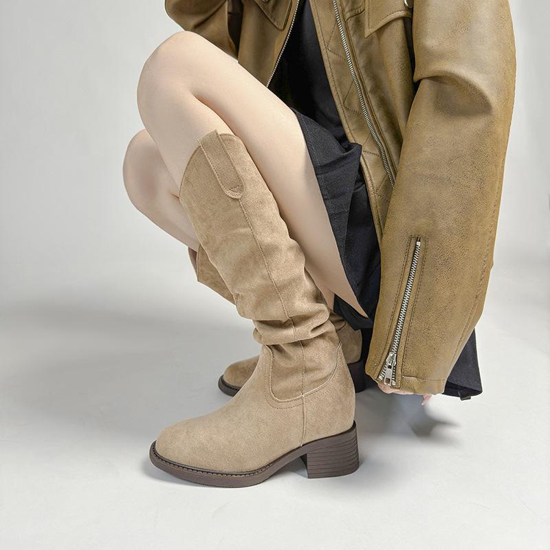 Height-increasing thick heel long tube stacking boots new spring round head thin shoes women's shoes versatile tall knight boots women
