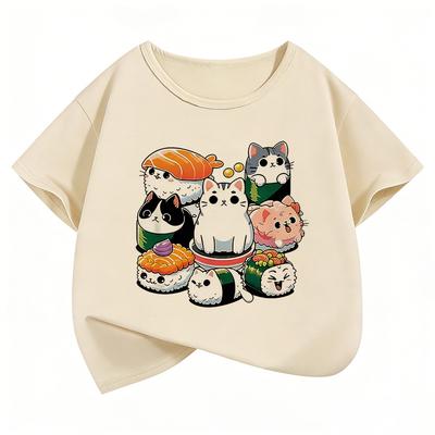 Boys and Girls Summer Cute Funny Sushi Cat Food Design Print Short-sleeve Children's T-shirt